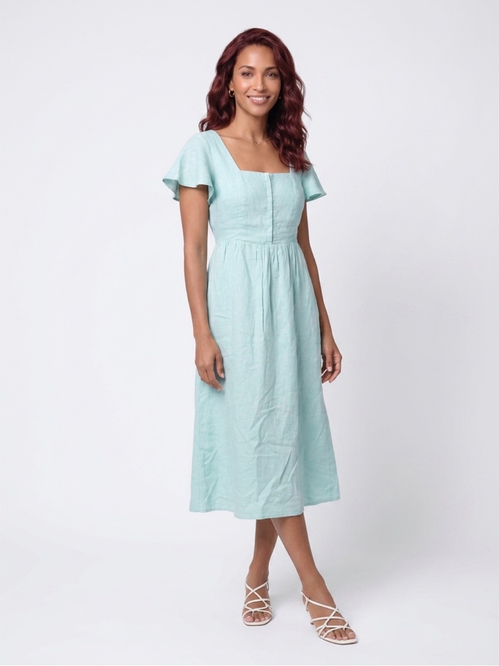 Vineyard Vines Linen Green Square Neck Midi Dress in Light Aqua Size XS